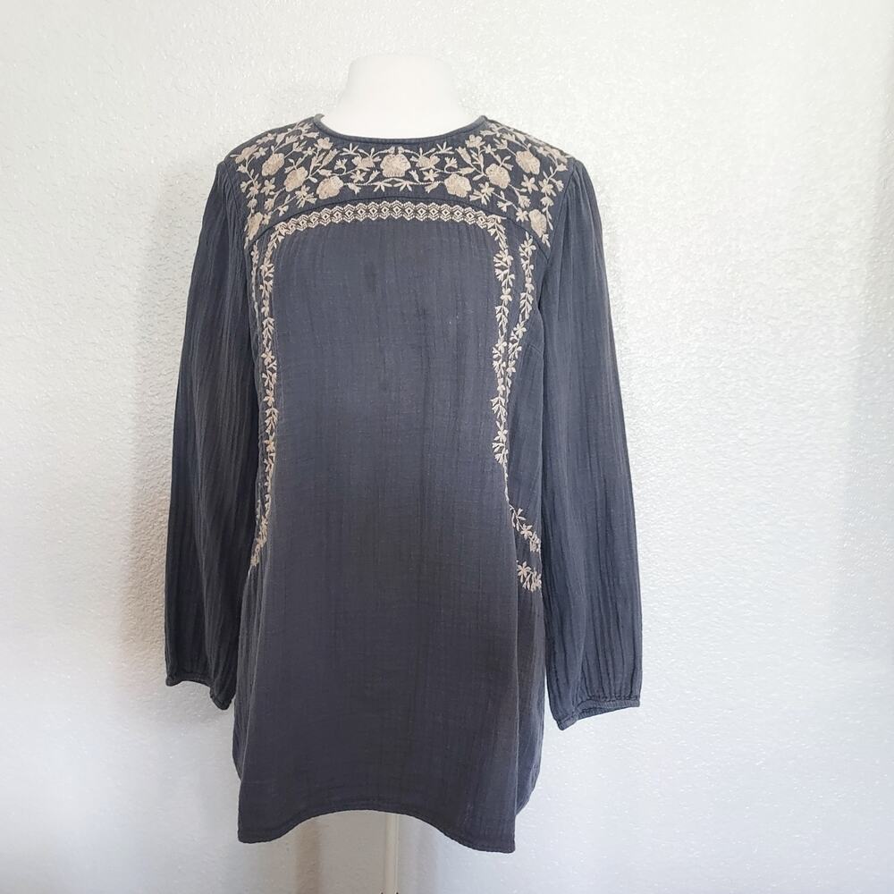 J. Jill Blue Long Sleeve Tunic w/Beige Embroidery Size M